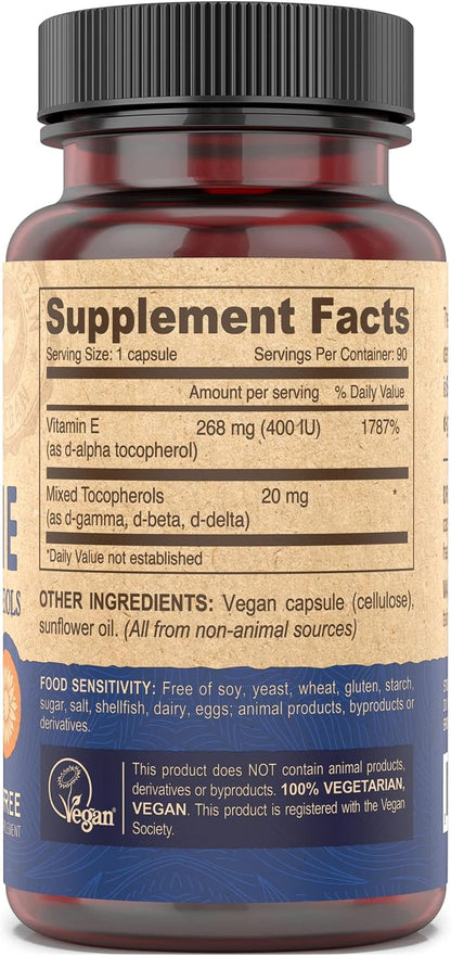 DEVA Vegan Natural Source Vitamin E 400IU with Mixed Tocopherols, Soya-Free – 90 Veg Caps (Pack of 2)