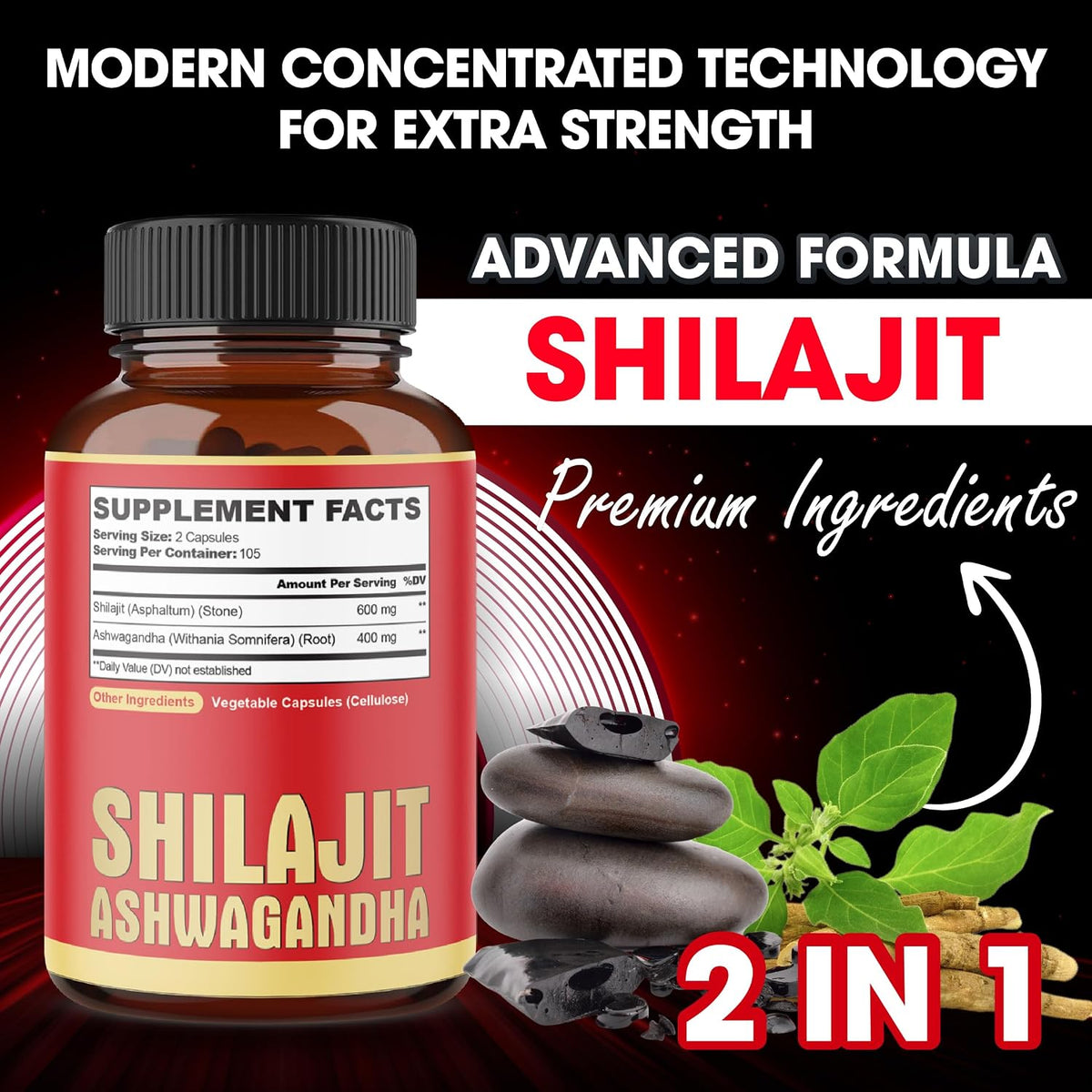 agobi Shilajit with Ashwagandha - 210 Capsules, 600mg Shilajit + 400mg Organic Ashwagandha Root - görsel 2