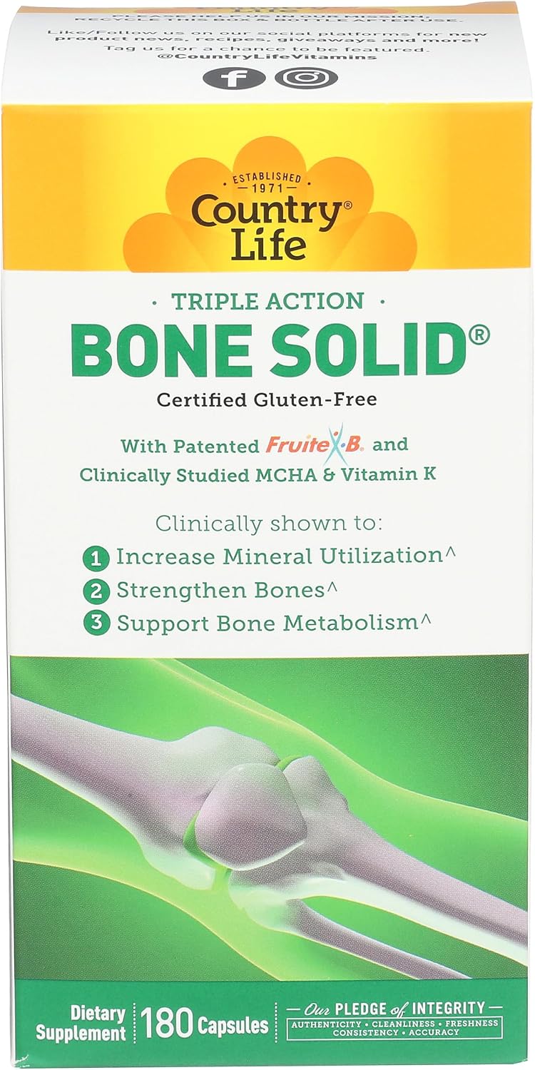 Country Life Bone Solid - Bone Health Supplement with MCHA, Calcium, Magnesium, Zinc, Vitamins K2 & D3 - 180 Capsules - görsel 1