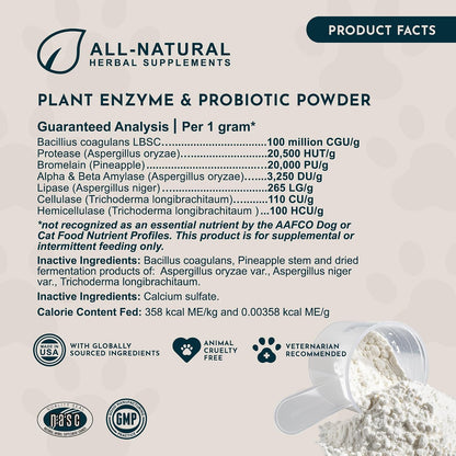 Animal Essentials Plant Enzyme & Probiotics - Probiotic & Digestive Enzyme Powder for Dogs & Cats, 300 g