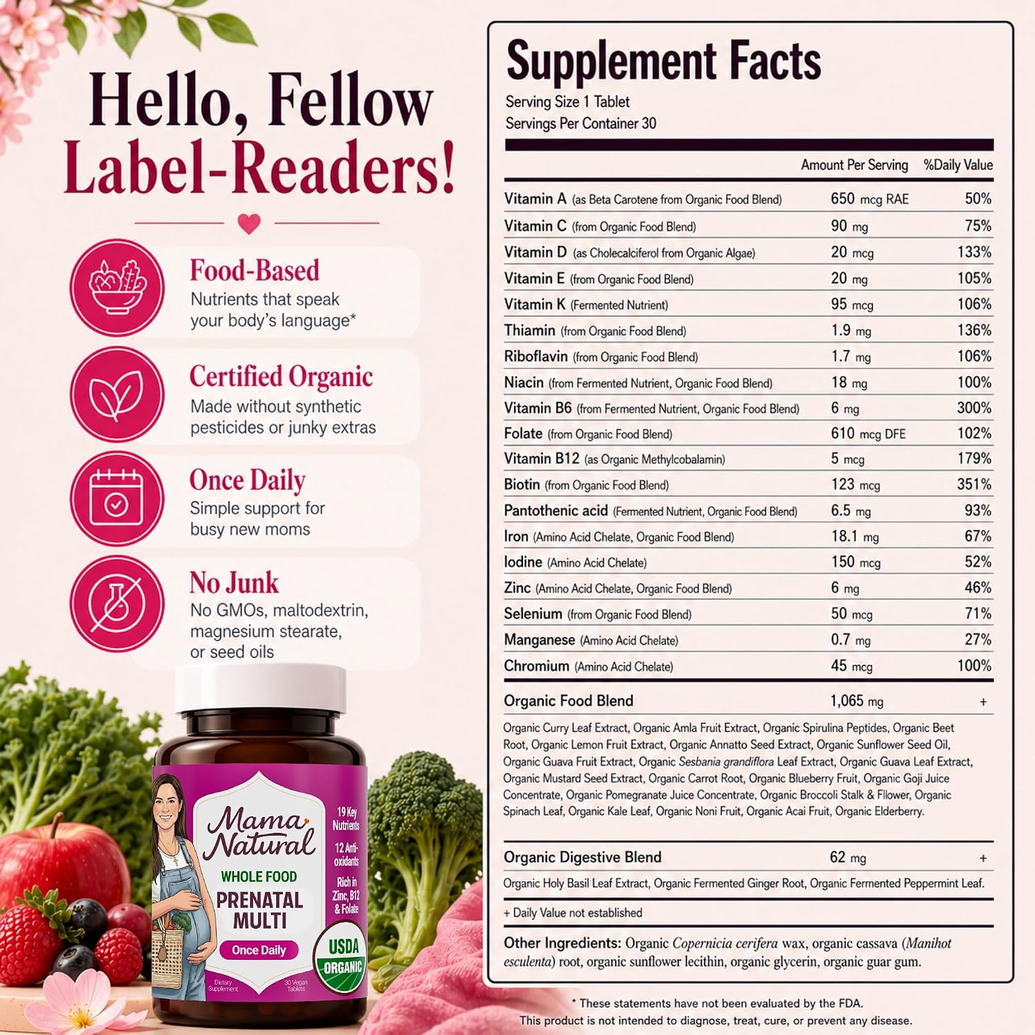 Mama Natural Organic Prenatal Vitamins for Women (30 Servings) | Once-Daily Vegan Prenatal with Folate - görsel 7