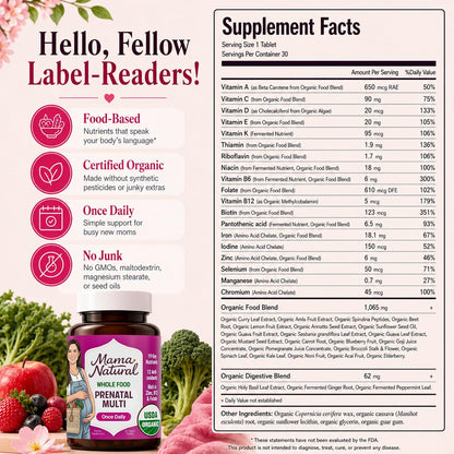 Mama Natural Organic Prenatal Vitamins for Women (30 Servings) | Once-Daily Vegan Prenatal with Folate