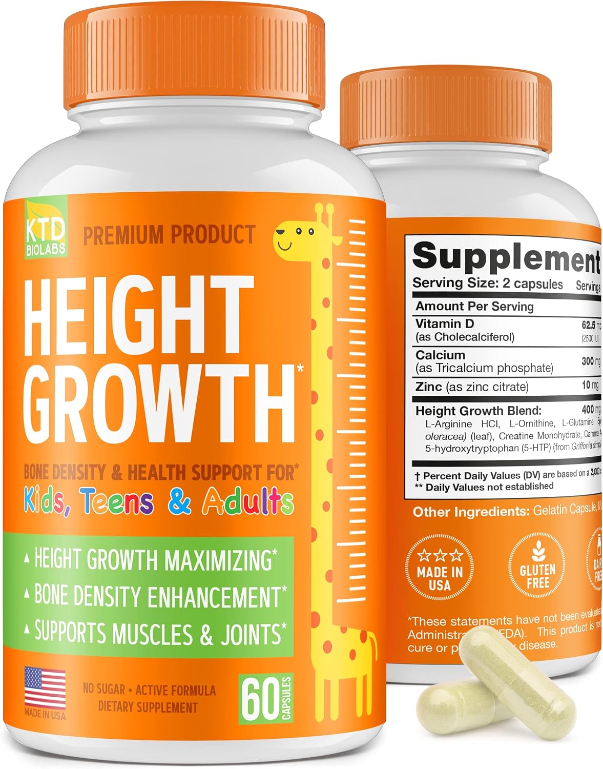 Kids Height Growth Support Capsules – Daily Development Formula with Calcium, Vitamin D3 & Zinc – Bone & Nutrition Support for Children & Teens – Amino Blend – 60 Capsules - görsel 1
