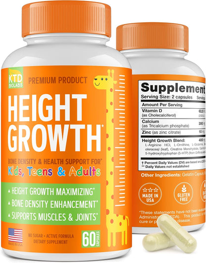 Kids Height Growth Support Capsules – Daily Development Formula with Calcium, Vitamin D3 & Zinc – Bone & Nutrition Support for Children & Teens – Amino Blend – 60 Capsules