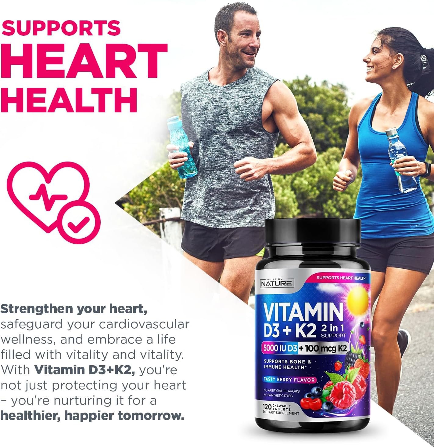 Vitamin D3 K2 Chewable, 5000 IU & K2 MK-7 100 mcg, 120 Tablets | 2-in-1 Supplement for Immune, Heart & Bone Support, Non-GM, Berry Flavour - görsel 8