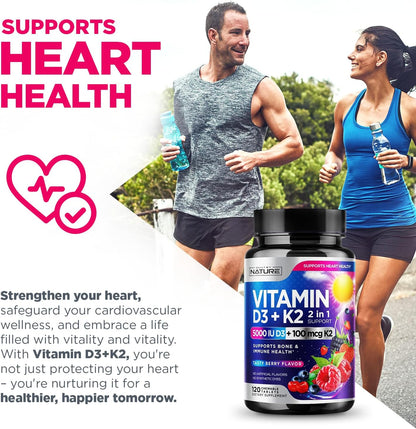 Vitamin D3 K2 Chewable, 5000 IU & K2 MK-7 100 mcg, 120 Tablets | 2-in-1 Supplement for Immune, Heart & Bone Support, Non-GM, Berry Flavour