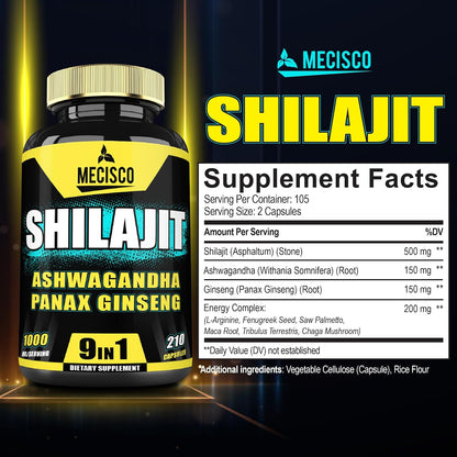 9in1 Shilajit Pure Himalayan Organic with Ashwagandha Root, Panax Ginseng, L-Arginine, Chaga & More – 210 Capsules