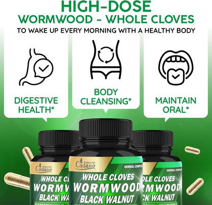 Organic Cadane Wormwood Cloves Black Walnut – Herbal Digestive Support Supplement, 90 Capsules