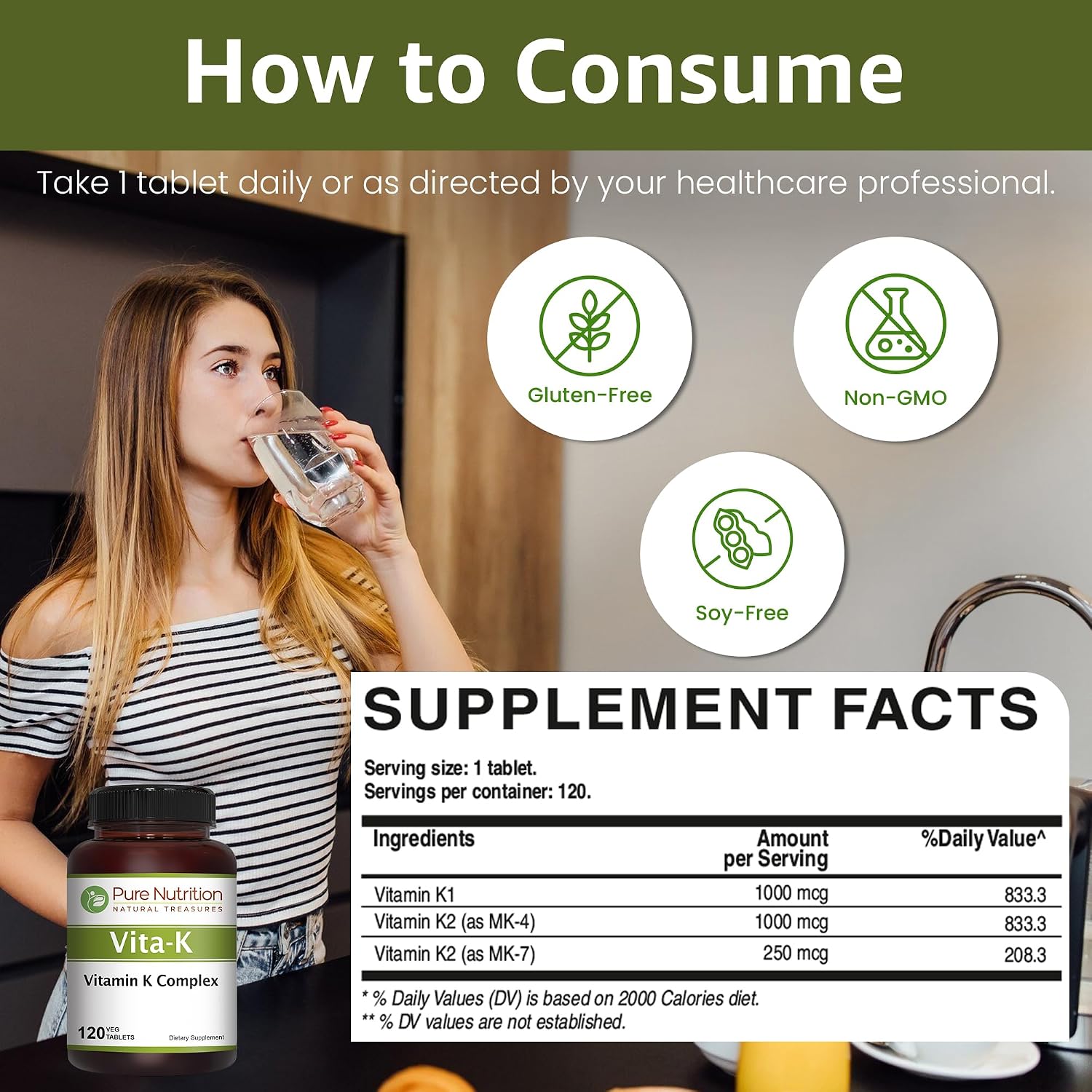 Pure Nutrition Vitamin K Complex K1 + K2, 2250 mcg, 120 Veg Tablets - görsel 5