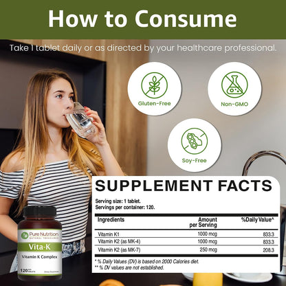 Pure Nutrition Vitamin K Complex K1 + K2, 2250 mcg, 120 Veg Tablets