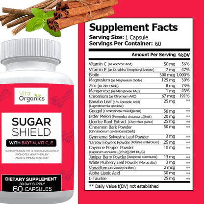 Sugar Shield - Advanced Sugar Support Food Supplement with Biotin, Chromium & Herbs - 60 Vegan Capsules