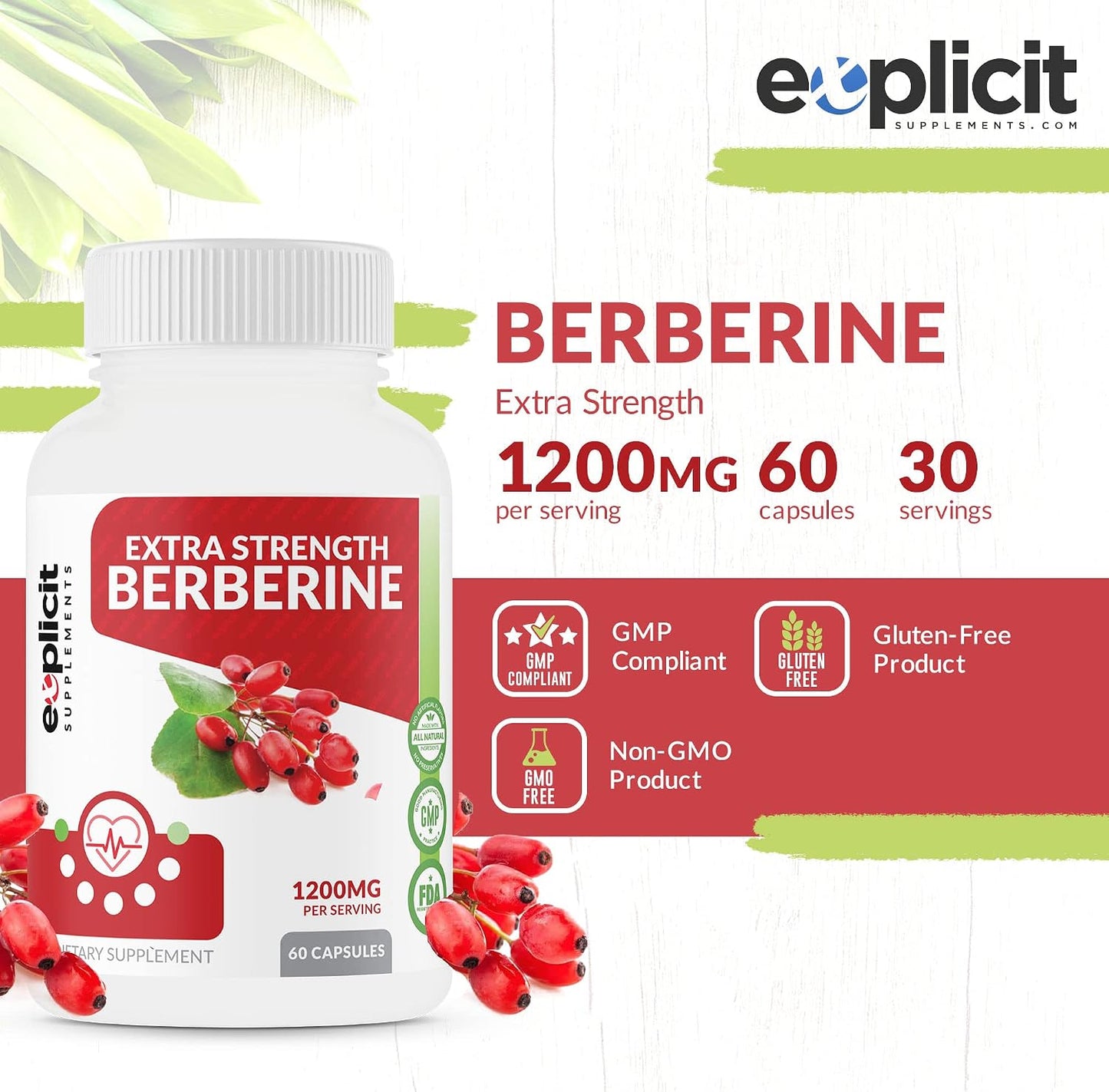 Natural Berberine HCl - 1200mg Maximum Strength – 60 Capsules – 1 Month Supply - görsel 2