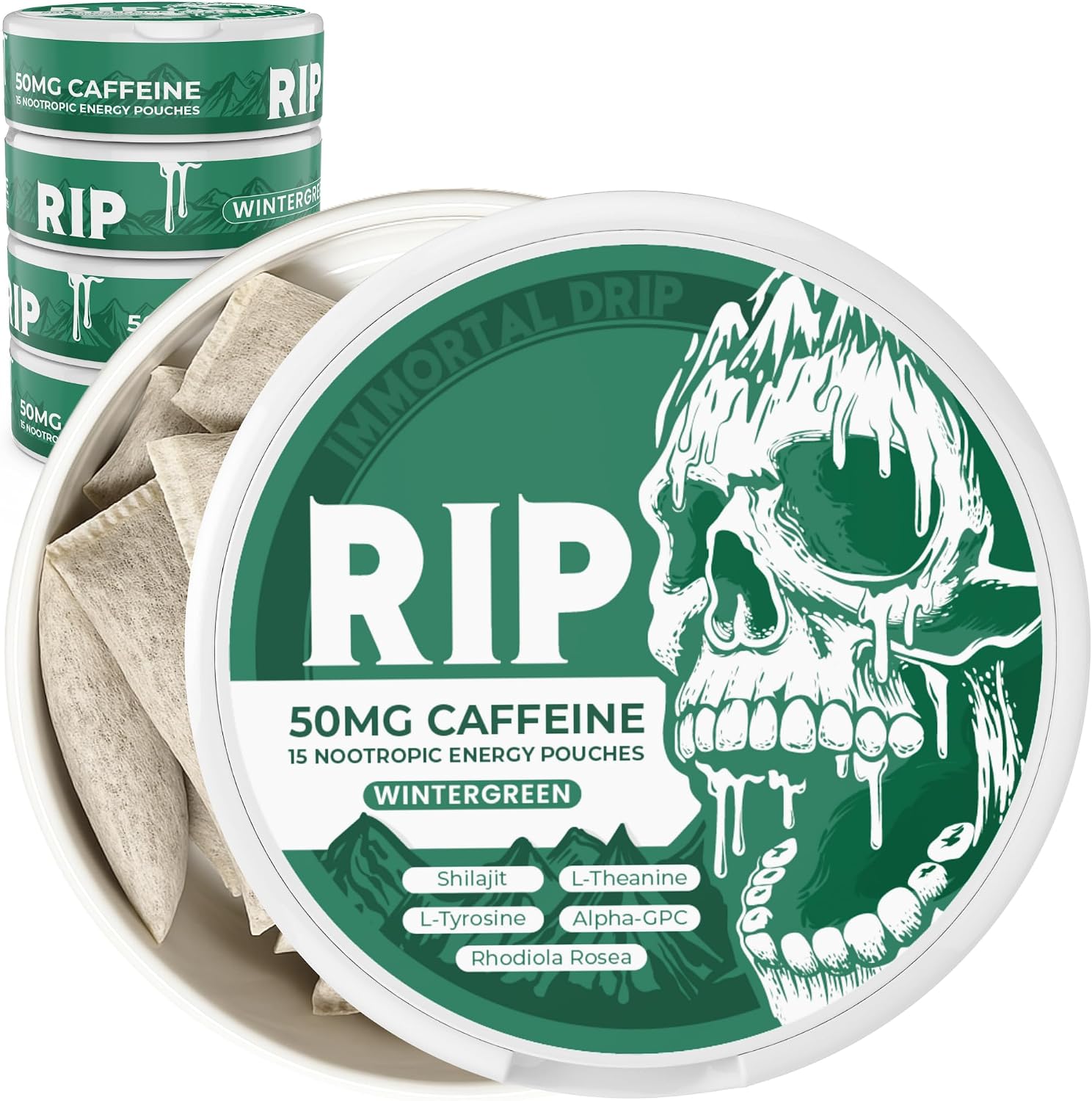 Immortal Drip RIP Nootropic Energy Pouches (Wintergreen) – 5 Cans – 15 Pouches per Can – Clean Energy and Focus Support – 50mg Caffeine, Shilajit, Alpha-GPC, L-Tyrosine, Rhodiola - görsel 1