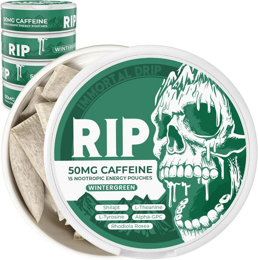Immortal Drip RIP Nootropic Energy Pouches (Wintergreen) – 5 Cans – 15 Pouches per Can – Clean Energy and Focus Support – 50mg Caffeine, Shilajit, Alpha-GPC, L-Tyrosine, Rhodiola