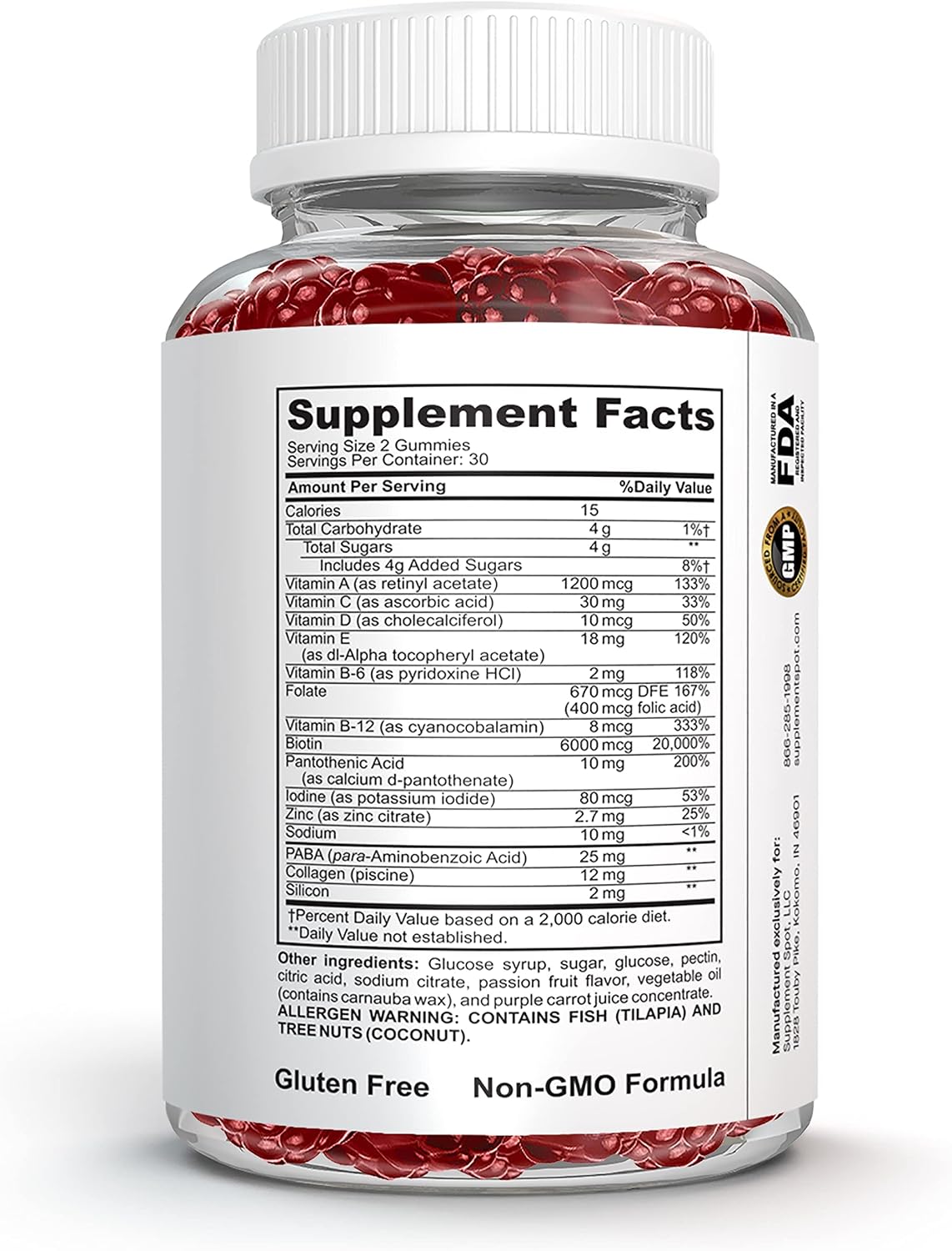 Supplement Spot Hair Skin and Nails Vitamins - 6000 mcg Biotin Gummies with Collagen, Passion Fruit Flavour (60 Gummies) - görsel 6