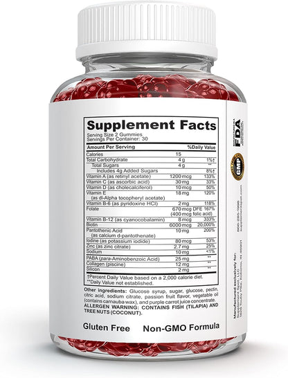 Supplement Spot Hair Skin and Nails Vitamins - 6000 mcg Biotin Gummies with Collagen, Passion Fruit Flavour (60 Gummies)