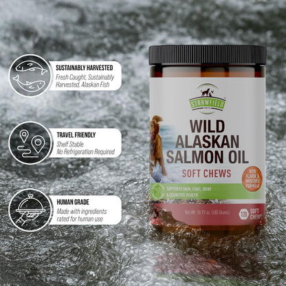 Strawfield Pets Salmon Dog Chews Omega-3 Fish Oil Chews with Wild Alaskan Salmon Oil Skin & Coat + Seasonal Allergy Support Hip & Joint Dog Supplement + EPA & DHA Made in USA