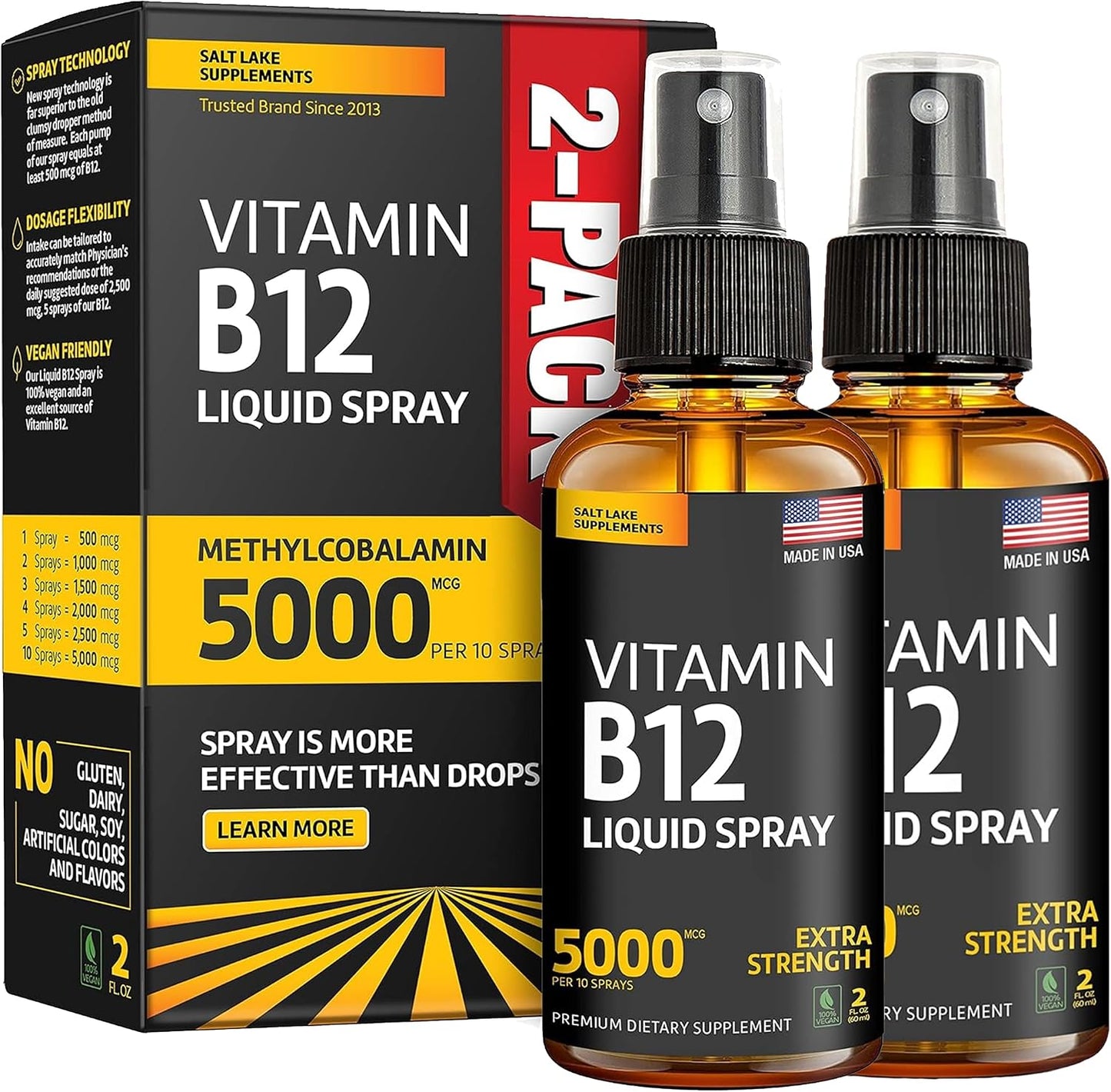 Liquid B12 Spray 5000 mcg – Sublingual Vitamin B12 Methylcobalamin – Vegan, Gluten-Free, Non-GMO (Pack of 2) - görsel 1