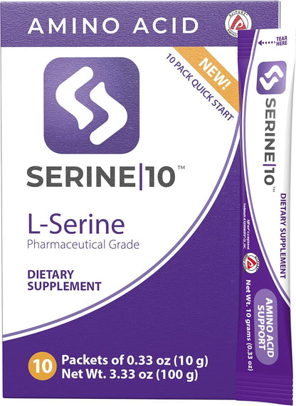 SERINE10 L-Serine Nootropics Sachets - Supports Brain Health, Memory and Focus - 10 Premeasured Powder Sachets with 10 g (10000 mg) of Pure L-Serine