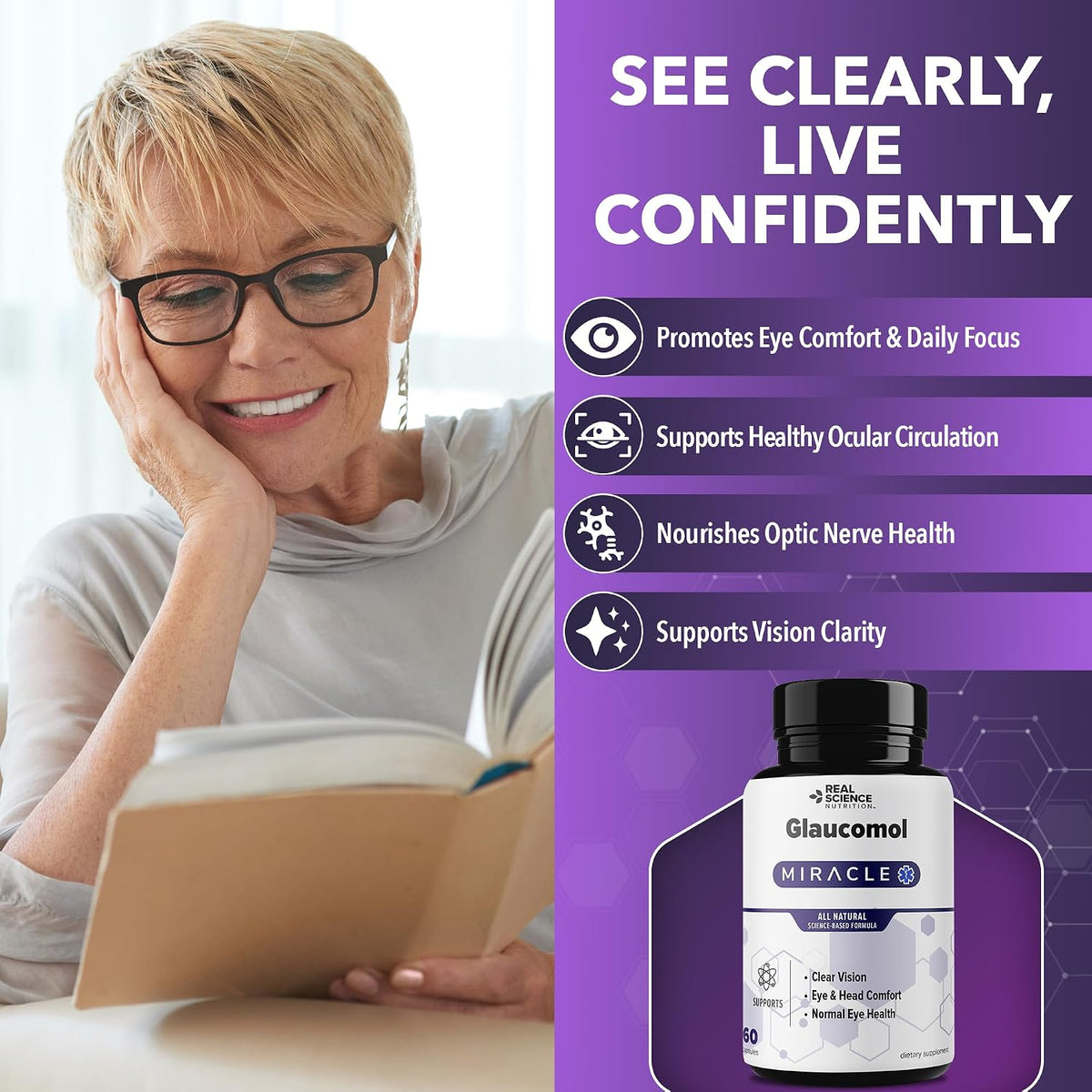 Real Science Glaucomol Miracle - Natural Eye Vitamins & Eye Supplements for Optic Nerve & Ocular Circulation Support – with Vitamins C, D & B12 for Vision Clarity & Eye Comfort – Made in USA, 60 Caps - görsel 2
