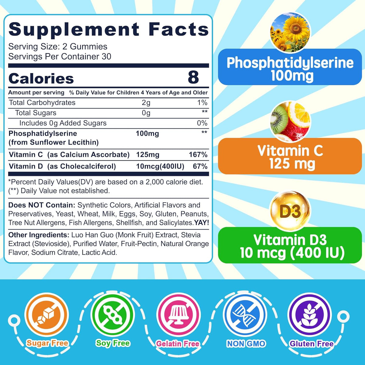 Phosphatidylserine 100mg Focus Gummies for Kids & Teens – Sugar Free, Vegan, with Vitamin C & D3 400IU – 2 Pack - görsel 2