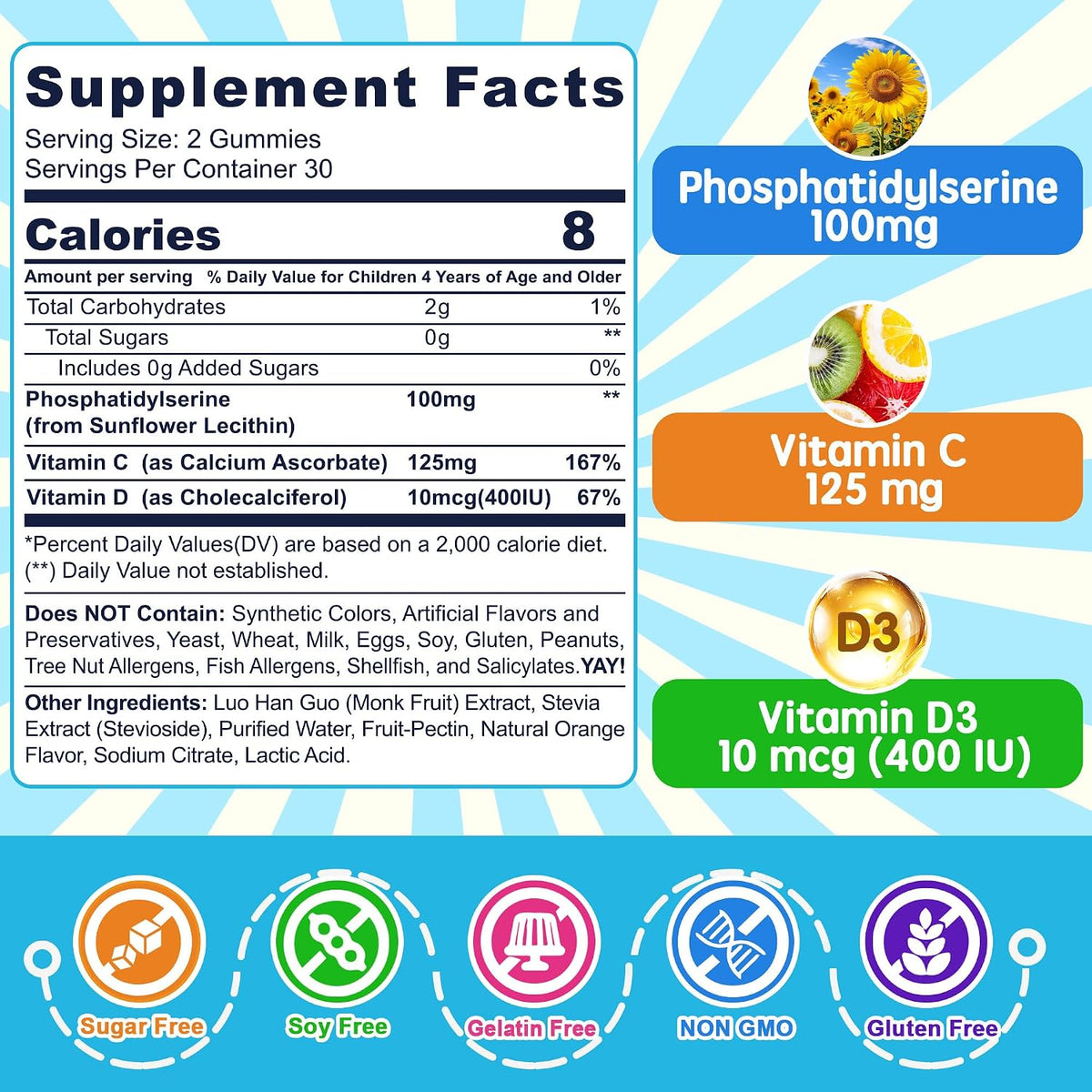 Phosphatidylserine Supplement 100mg, Focus Gummies for Children and Teens + Vitamin C & D3 400IU, Sugar Free, Vegan, Gluten-free, Non-GMO (60 Count) - görsel 2