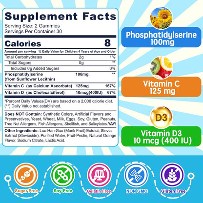 Phosphatidylserine Supplement 100mg, Focus Gummies for Children and Teens + Vitamin C & D3 400IU, Sugar Free, Vegan, Gluten-free, Non-GMO (60 Count)