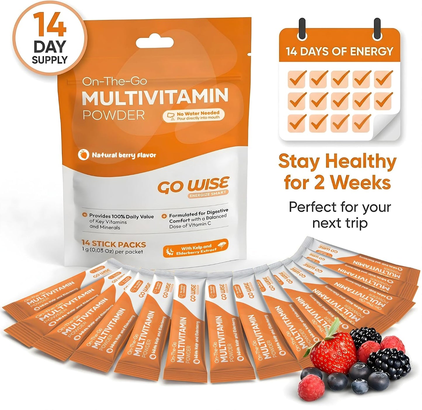 Go Wise Multivitamin Powder for Women and Men – No Water, No Pills | Vitamin B Complex, Vitamin D3, Zinc & Elderberry | Bariatric Multivitamin | Vegan Immune and Energy Support | Natural Berry - görsel 3