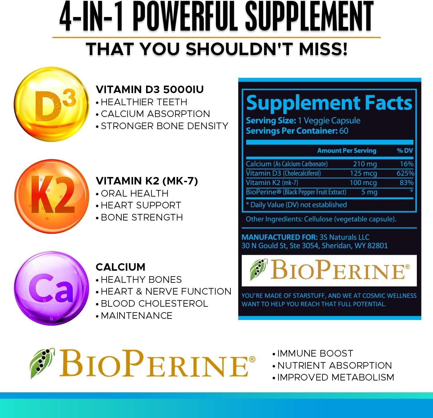 Vitamin D3 K2 MK-7 5000 IU Supplement with BioPerine – for Bone, Heart, and Immune Support - görsel 3