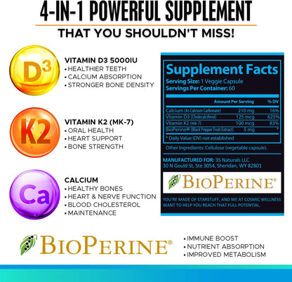Vitamin D3 K2 MK-7 5000 IU Supplement with BioPerine – for Bone, Heart, and Immune Support