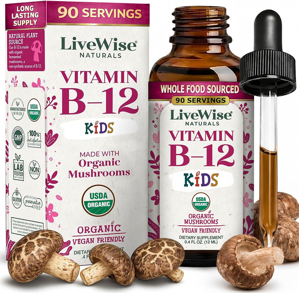 Live Wise Naturals Vitamin B12 Liquid Drops for Children – Vegan, Non-GM, Low Dose (5mcg per serving) - görsel 1