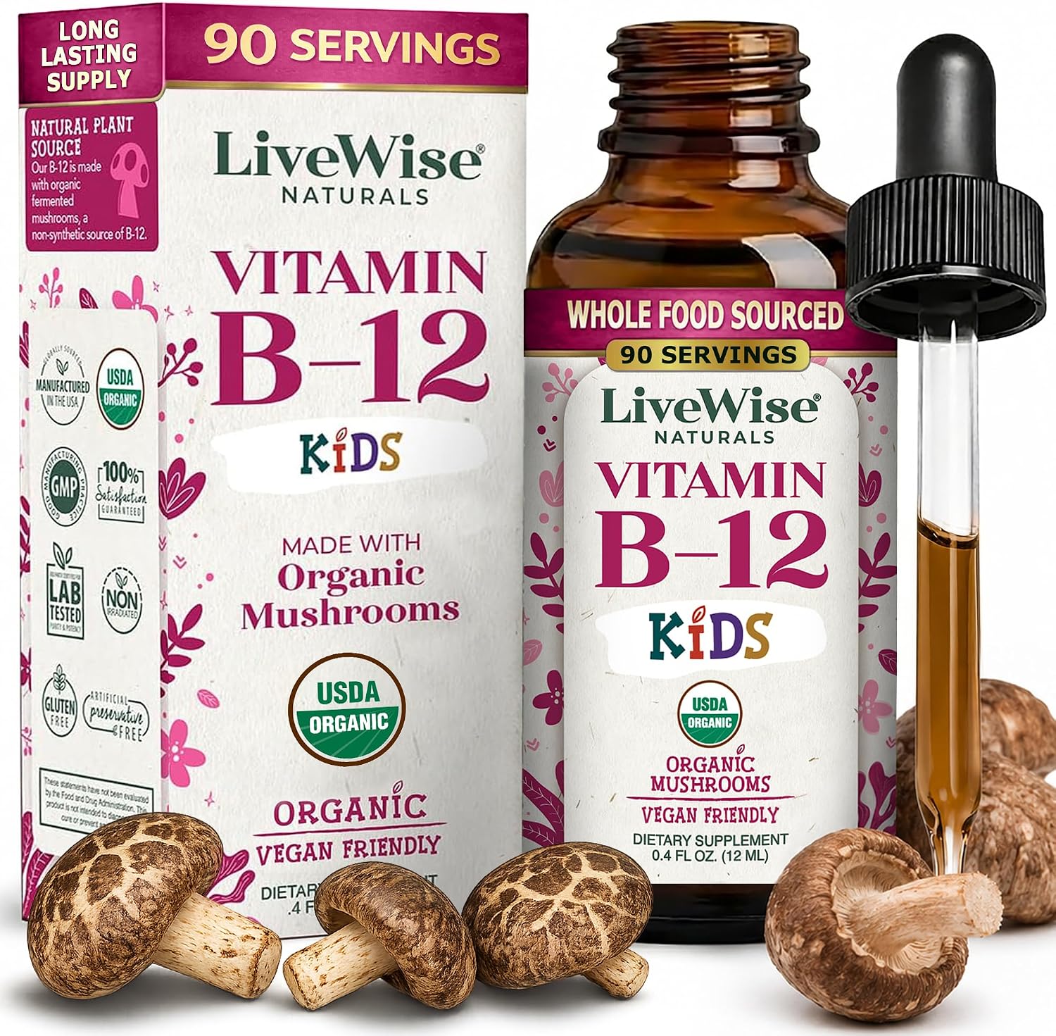 Live Wise Naturals Vitamin B12 Liquid Drops for Children – Vegan, Non-GM, Low Dose (5mcg per serving) - görsel 1