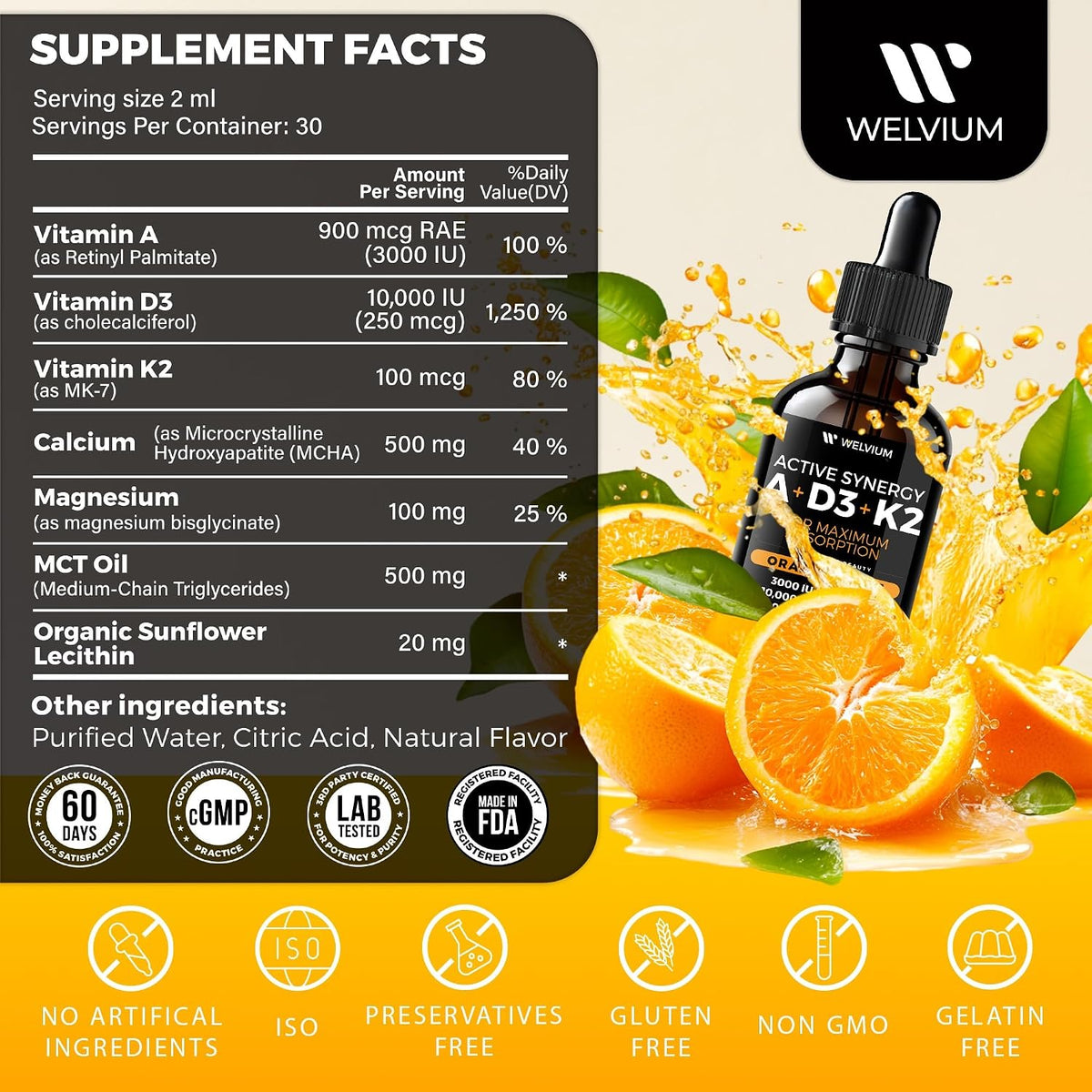 WELVIUM 7-in-1 Liquid Vitamin D3 K2 Magnesium Drops with 10,000 IU D3, MK-7, Vitamin A, Calcium, MCT Oil – Immune, Bone & Skin Support (30 Servings) - görsel 3