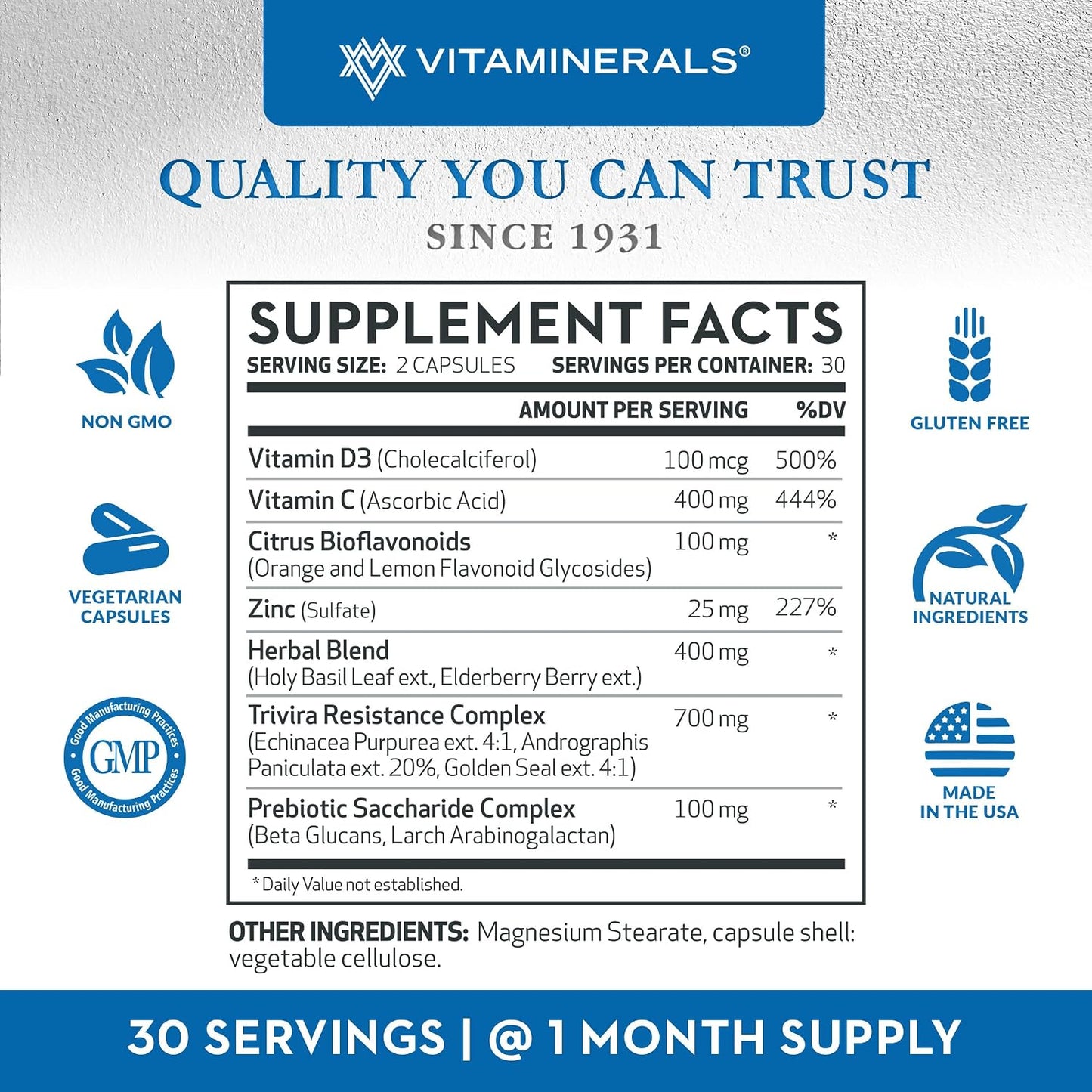Vitaminerals® TRIVIRA | Vitamin C | Vitamin D3 | Zinc | Herbs | Prebiotics | 60 Vegetable Capsules - görsel 2