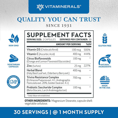 Vitaminerals® TRIVIRA | Vitamin C | Vitamin D3 | Zinc | Herbs | Prebiotics | 60 Vegetable Capsules