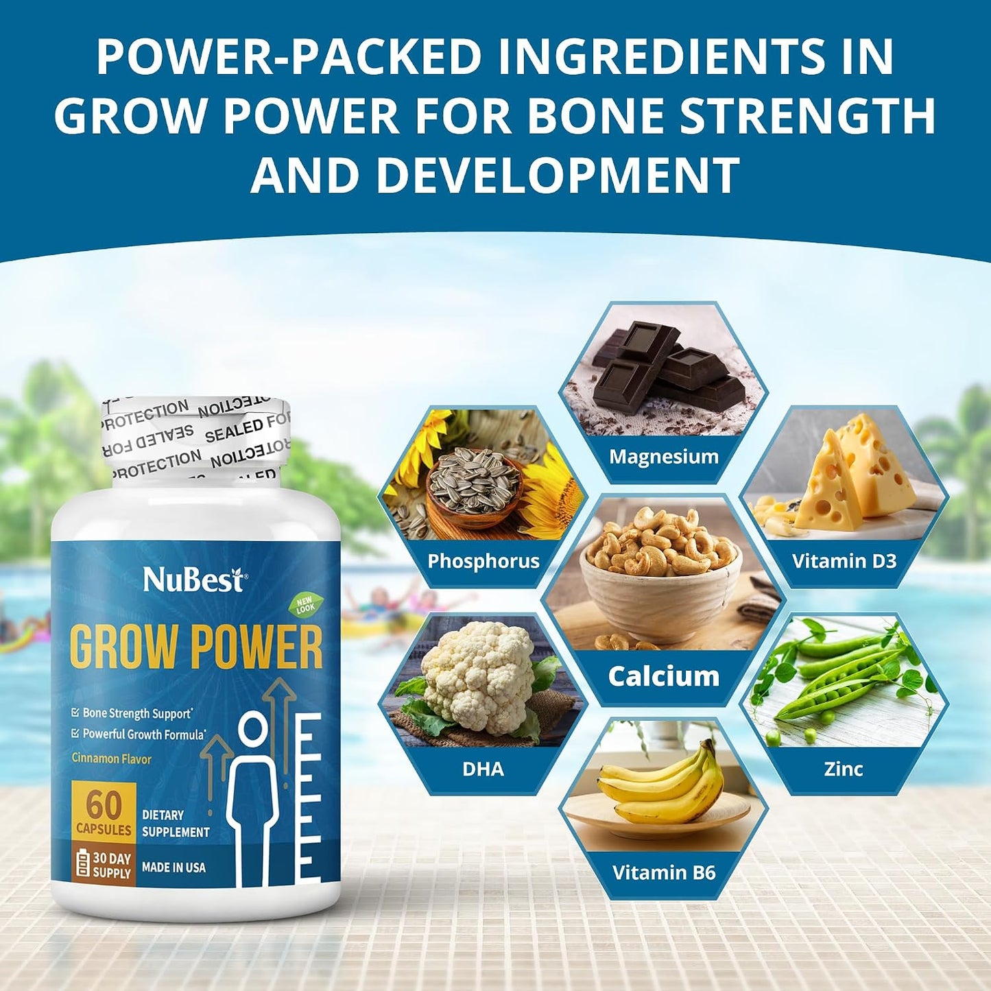NuBest Grow Power - Calcium & Magnesium Supplement with Vitamin D3, B6, Zinc, Phosphorus - Strong Bones & Overall Health for Ages 10+ (Pack of 2) - görsel 2