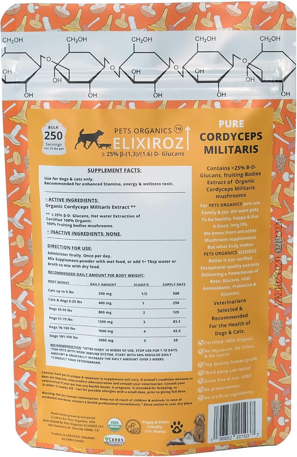Cordyceps Mushroom Extract for Dogs & Cats – 25%+ Beta Glucans – Fruiting Body (8:1–12:1 Concentrated) – Energy, Stamina & Vitality Support – No Fillers – 250 Servings - görsel 4