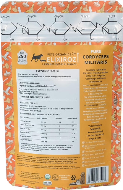 Cordyceps Mushroom Extract for Dogs & Cats – 25%+ Beta Glucans – Fruiting Body (8:1–12:1 Concentrated) – Energy, Stamina & Vitality Support – No Fillers – 250 Servings