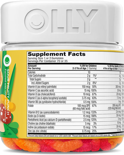 OLLY Kids Multivitamin Gummy, Overall Health and Immune Support, Vitamins A, C, D, E, Bs and Zinc, Sour Fruity Punch, 70 Gummies