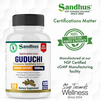 Sandhu's Guduchi (Tinospora Cordifolia) Giloy 100 Vegetarian Capsules 1000mg per Serving