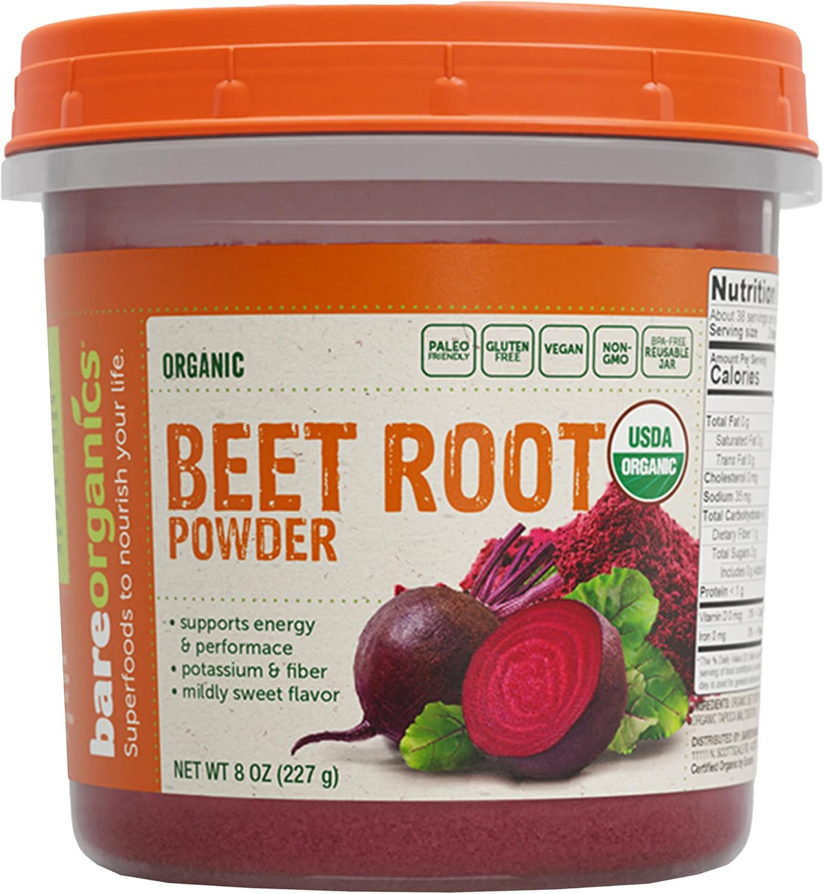 BareOrganics Organic Beet Root Powder - USDA Certified Organic, Vegan, Non-GMO, Gluten-Free - 227g (8 oz) - görsel 1