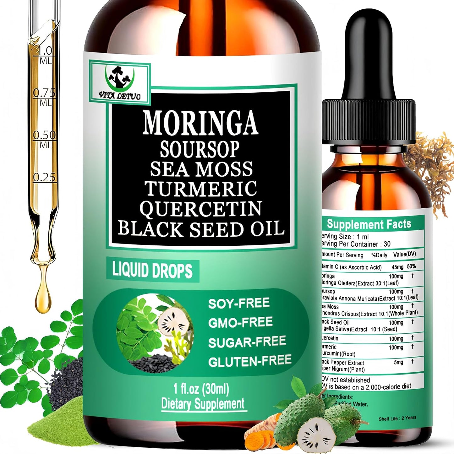 Moringa Drops: Pure Moringa Oleifera Liquid Extract with Soursop, Sea Moss, Black Seed Oil, Quercetin & Turmeric - Superfood Blend for Energy and Immune Support (30 Servings) - görsel 1