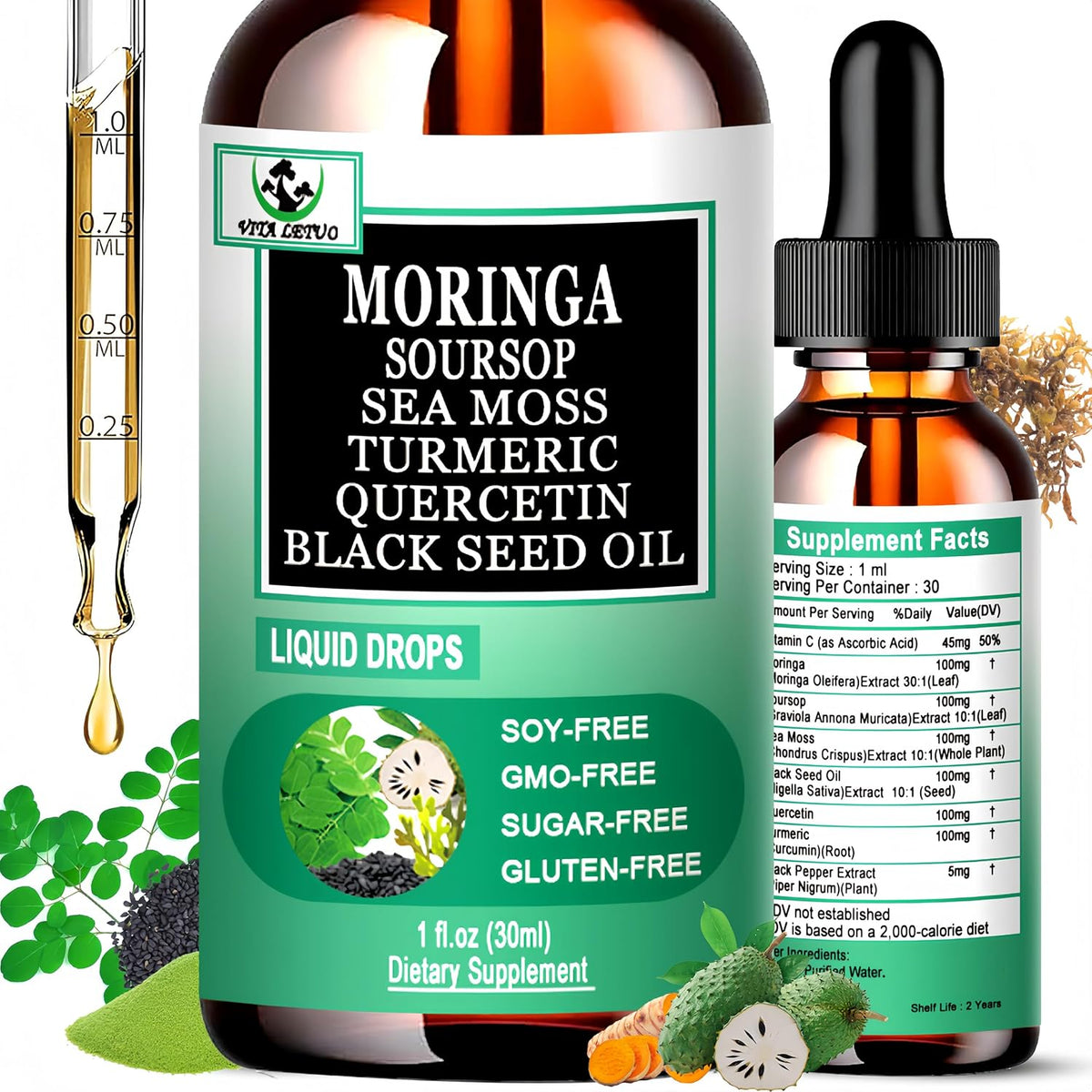 Moringa Drops: Pure Moringa Oleifera Liquid Extract with Soursop, Sea Moss, Black Seed Oil, Quercetin & Turmeric - Superfood Blend for Energy and Immune Support (30 Servings) - görsel 1