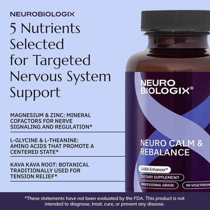 Neurobiologix Neuro Calm & Rebalance – L-Theanine, Magnesium, Zinc & Kava Kava Complex for Calm Mood and Stress Support