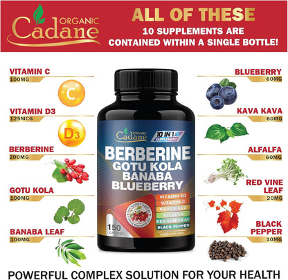 Cadane Premium Berberine Extract - 10-in-1 Supplement with Gotu Kola, Banaba Leaf, Vitamins D3 & C - 150 Vegetable Capsules for Immune and Digestive Support