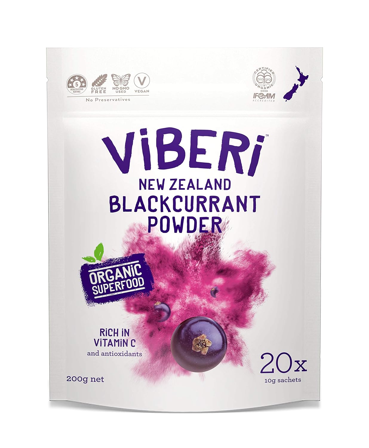 ViBERi Organic Blackcurrant Powder (200 g, 20 Sachets) – New Zealand Superfruit with Vitamin C & Anthocyanins - görsel 1