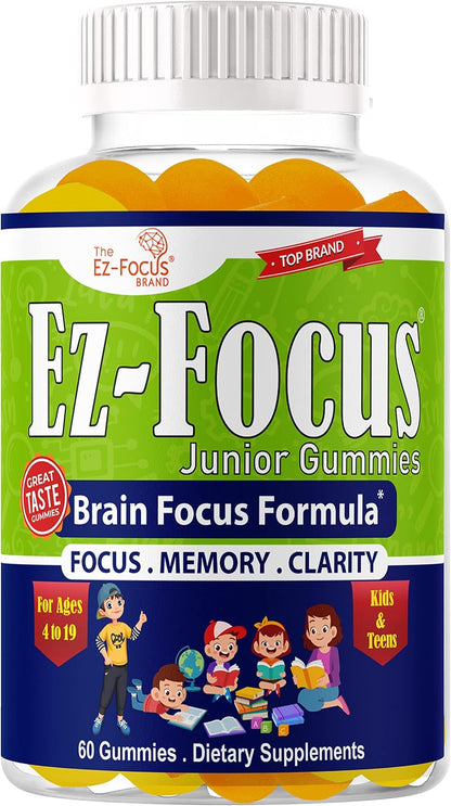 Ez-Focus Junior Brain Vitamins & Memory Supplements for Kids & Teens - Focus Gummies with DHA - 60 Chewable Gummies