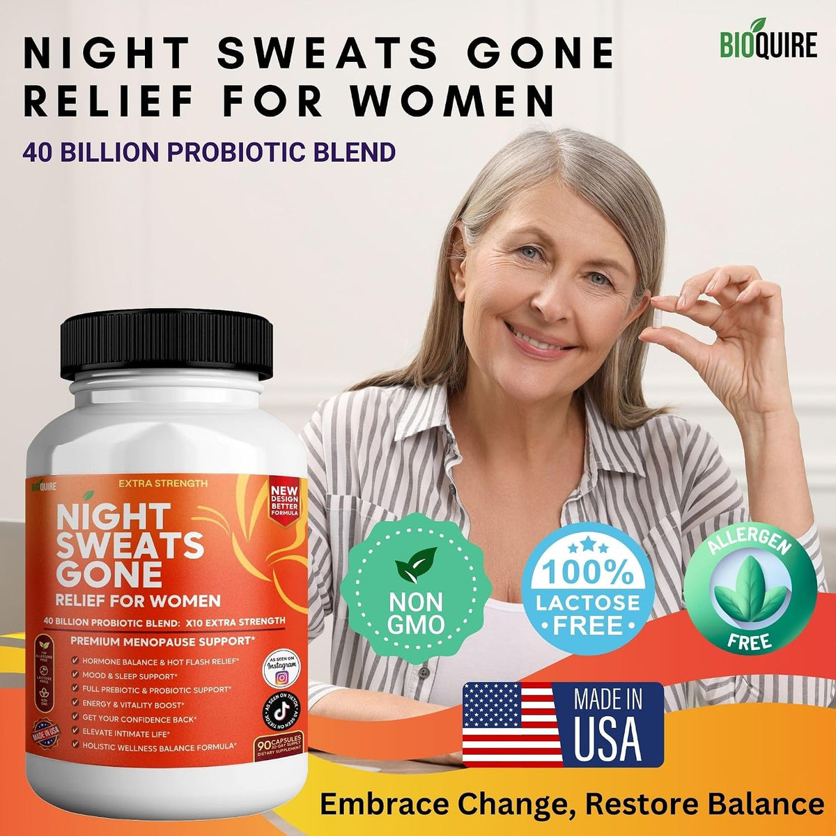 BIOQUIRE Night Sweats Gone - Menopause Relief for Women - 40 Billion Probiotic Blend - 90 Capsules - görsel 6