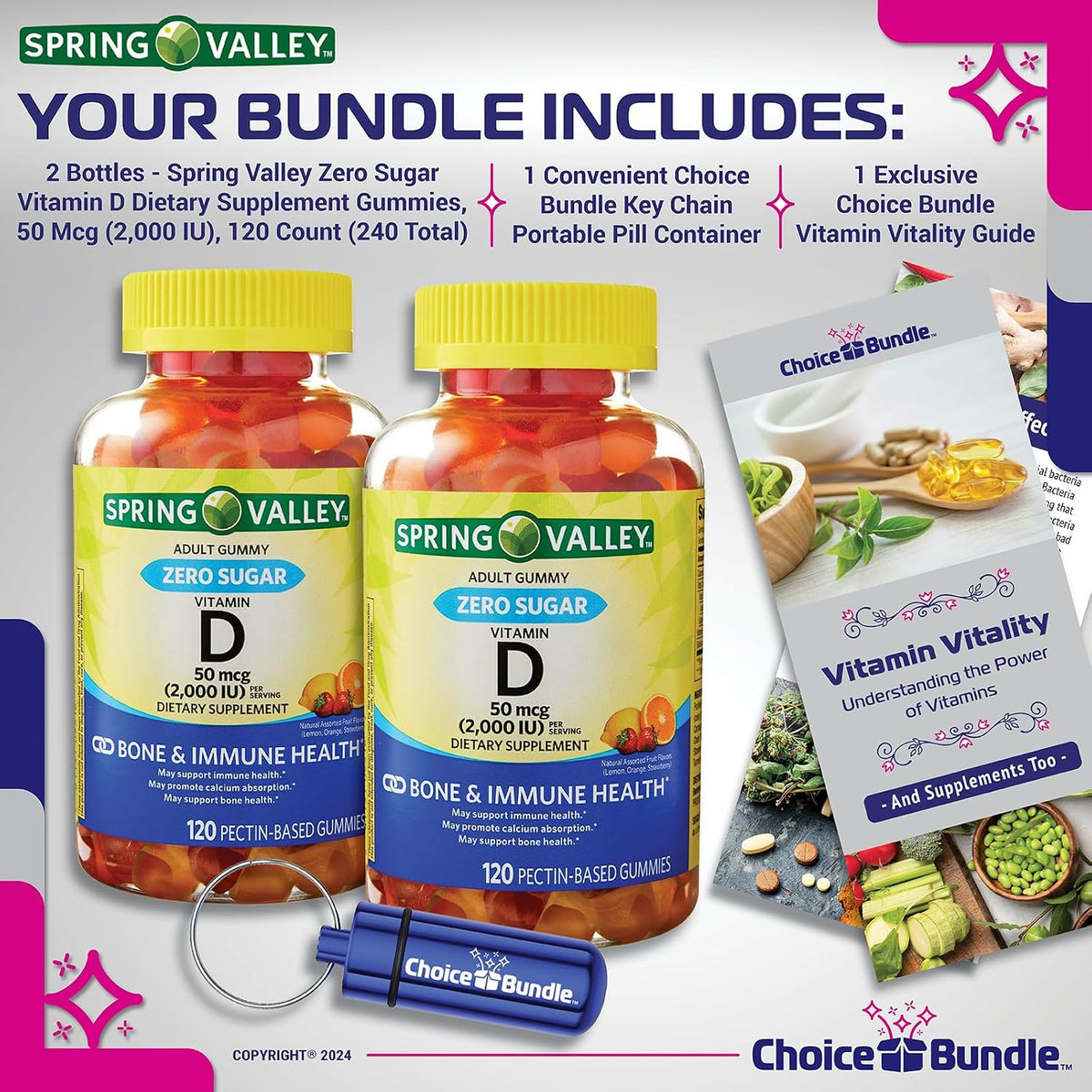 Choice Bundle Spring Valley Sugar Free Vitamin D Gummies 50 mcg (2000 IU) for Bone and Immune Health, 2-Pack (240 Gummies) with Vitamin Guide and Pill Container - görsel 2