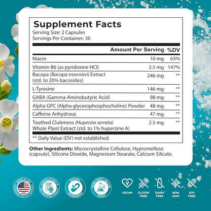 PUREHEALTH RESEARCH Ageless Brain - Nootropic Brain Supplement for Memory and Concentration, 180 Capsules